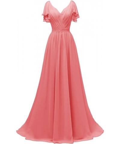 Ruffle Sleeves Bridesmaid Dresses V-Neck Chiffon Long Formal Wedding Evening Party Gowns for Women Coral $42.50 Dresses