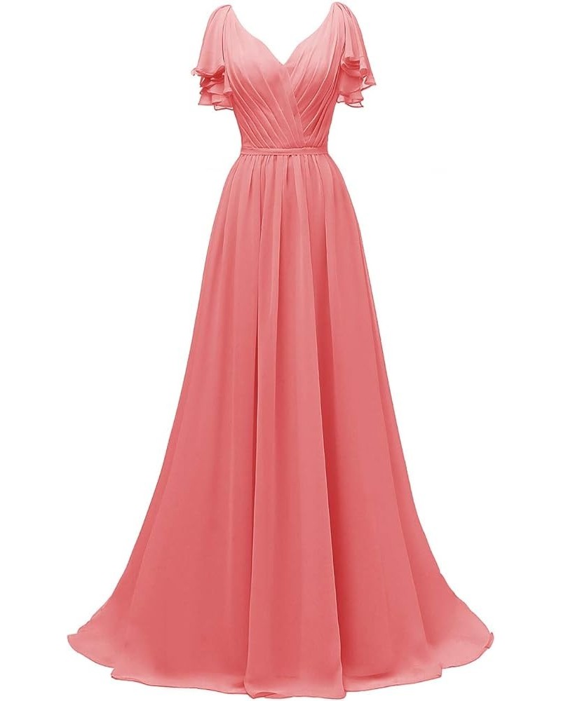 Ruffle Sleeves Bridesmaid Dresses V-Neck Chiffon Long Formal Wedding Evening Party Gowns for Women Coral $42.50 Dresses