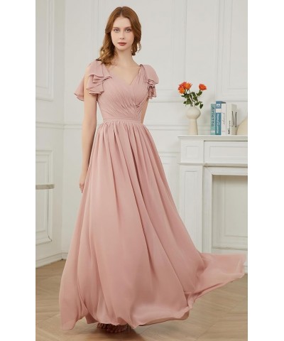 Ruffle Sleeves Bridesmaid Dresses V-Neck Chiffon Long Formal Wedding Evening Party Gowns for Women Coral $42.50 Dresses