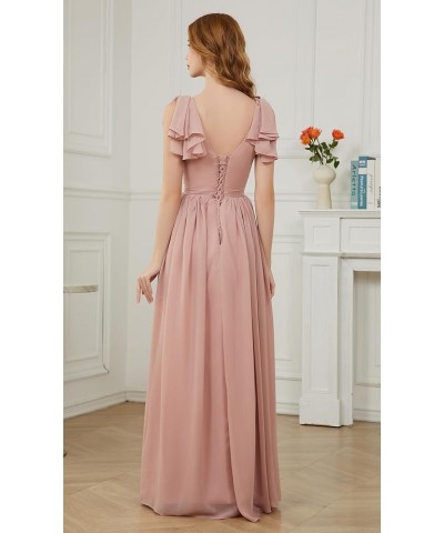 Ruffle Sleeves Bridesmaid Dresses V-Neck Chiffon Long Formal Wedding Evening Party Gowns for Women Coral $42.50 Dresses