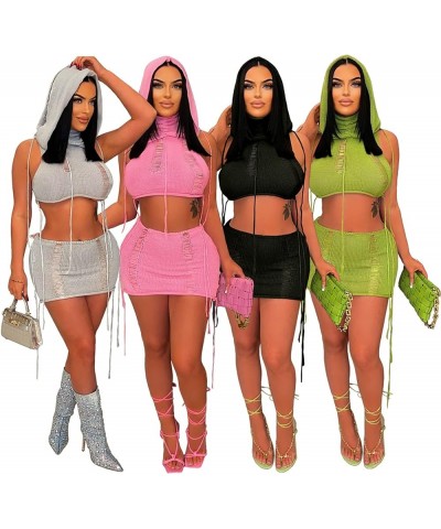 Women's 2 Piece Skirt Outfits Hollow Out Hoodie Crop Top Bodycon Mini Skirt Crochet Knitted Night Out Y2k Set Green $21.16 Suits