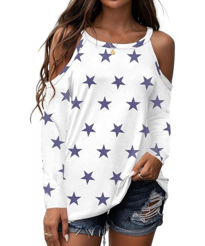 2024 Womens Summer T Shirts Short Sleeve Tunic Strappy Cold Shoulder Tops 02 long sleeve B011-fp Navy Blue Star $9.87 Tops