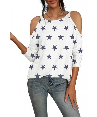 2024 Womens Summer T Shirts Short Sleeve Tunic Strappy Cold Shoulder Tops 02 long sleeve B011-fp Navy Blue Star $9.87 Tops