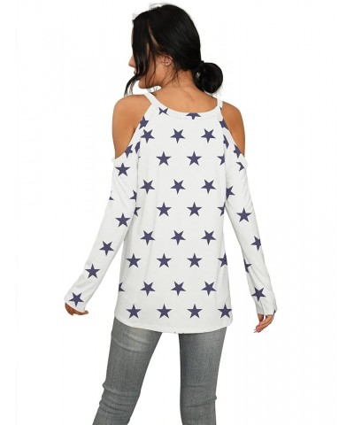 2024 Womens Summer T Shirts Short Sleeve Tunic Strappy Cold Shoulder Tops 02 long sleeve B011-fp Navy Blue Star $9.87 Tops