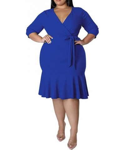 Plus Size Wrap Dress Women V Neck 3/4 Sleeve Belted Bodycon Midi Wedding Party Dresses Blue $21.12 Dresses