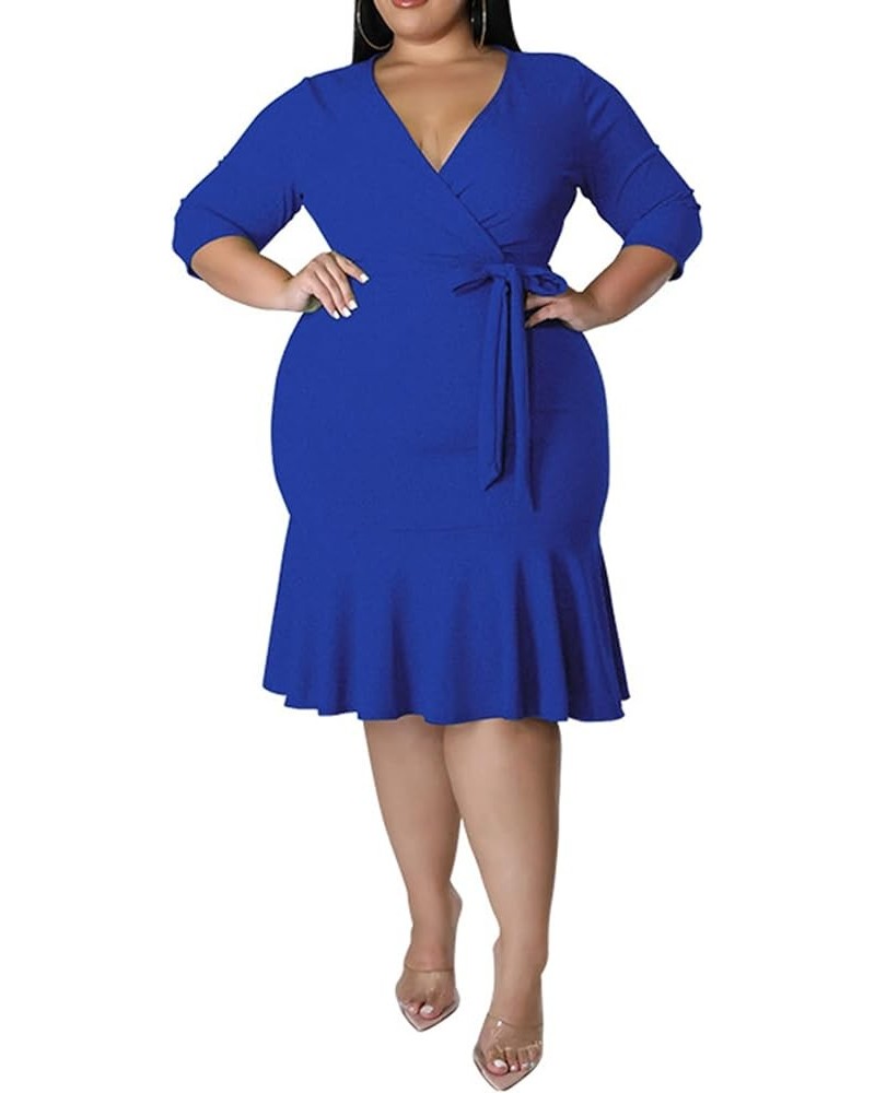 Plus Size Wrap Dress Women V Neck 3/4 Sleeve Belted Bodycon Midi Wedding Party Dresses Blue $21.12 Dresses