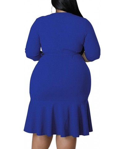 Plus Size Wrap Dress Women V Neck 3/4 Sleeve Belted Bodycon Midi Wedding Party Dresses Blue $21.12 Dresses