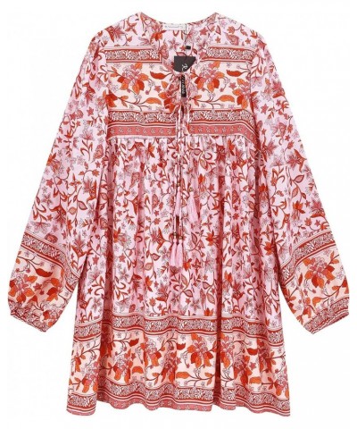 Womens Long Sleeve Floral Casual Print Cotton Mini Tunic Dress Rosepink $18.35 Dresses