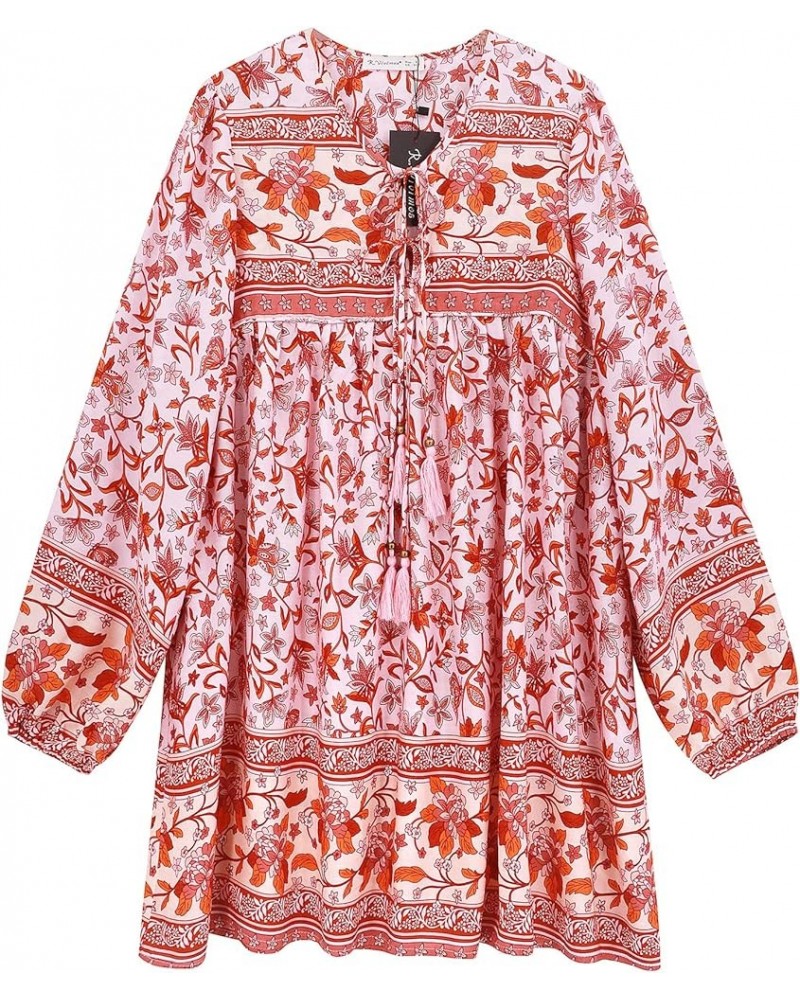 Womens Long Sleeve Floral Casual Print Cotton Mini Tunic Dress Rosepink $18.35 Dresses