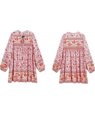 Womens Long Sleeve Floral Casual Print Cotton Mini Tunic Dress Rosepink $18.35 Dresses