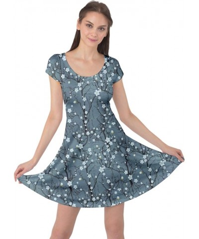 Womens Japanese Style Cherry Blossom Crane Floral Flowers Sakura Cap Sleeve Dress, XS-5XL Blue $16.11 Dresses