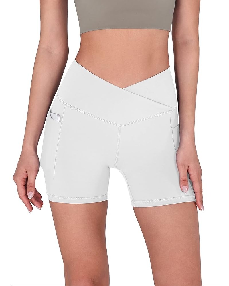 Crossover Yoga Shorts for Women 5" Inseam High Waist Athletic Workout Running Biker Shorts Pocket White $12.71 Activewear