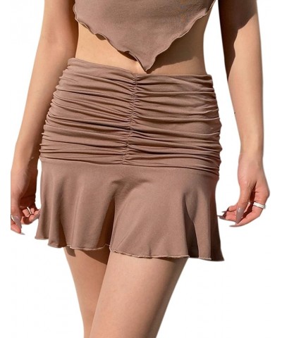 Women Ruched Ruffle Short Skirt High Waisted Stretch Pleated Tennis E-Girls 90s A-Line Mini Skirt Brown $14.57 Skirts