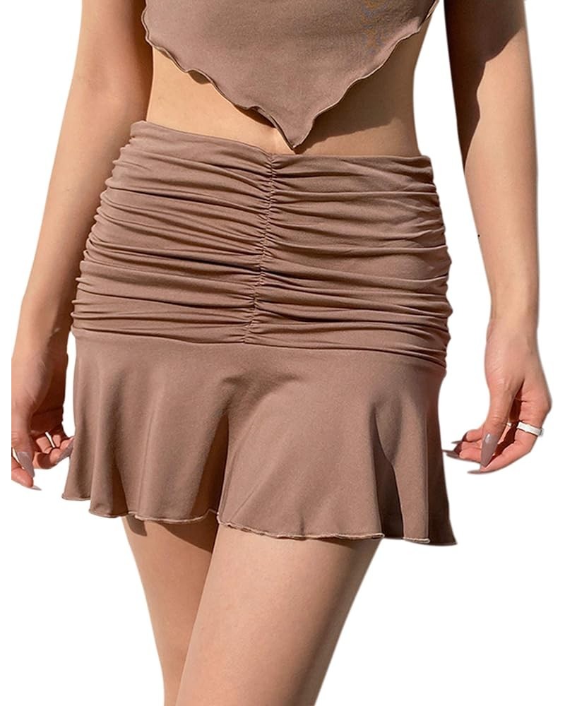 Women Ruched Ruffle Short Skirt High Waisted Stretch Pleated Tennis E-Girls 90s A-Line Mini Skirt Brown $14.57 Skirts