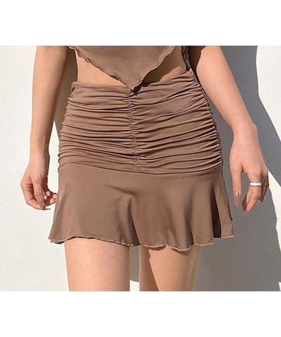 Women Ruched Ruffle Short Skirt High Waisted Stretch Pleated Tennis E-Girls 90s A-Line Mini Skirt Brown $14.57 Skirts