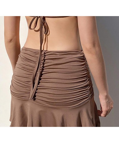 Women Ruched Ruffle Short Skirt High Waisted Stretch Pleated Tennis E-Girls 90s A-Line Mini Skirt Brown $14.57 Skirts