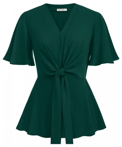 2024 Women's Elegant Peplum Tops V Neck Tie Front Long/Short Bell Sleeve Shirts Tops Blouse Dark Green $21.19 Blouses