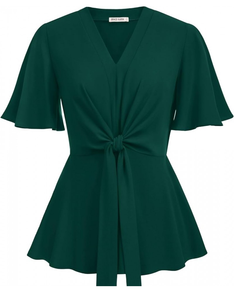 2024 Women's Elegant Peplum Tops V Neck Tie Front Long/Short Bell Sleeve Shirts Tops Blouse Dark Green $21.19 Blouses