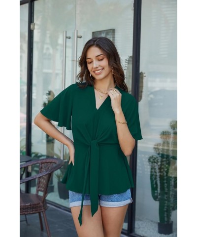 2024 Women's Elegant Peplum Tops V Neck Tie Front Long/Short Bell Sleeve Shirts Tops Blouse Dark Green $21.19 Blouses