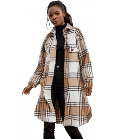 Women's Plaid Shacket Casual Flannel Shirt Jacket Loose Lapel Wool Blend Coat Oversized Z01 Khaki $21.07 Coats