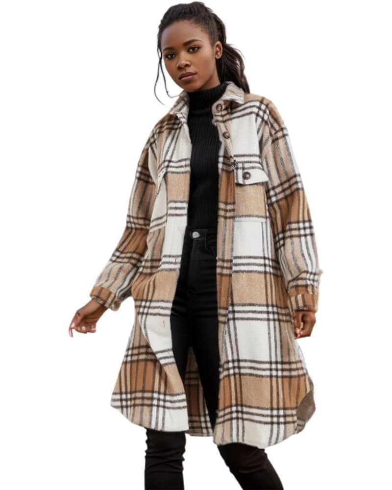 Women's Plaid Shacket Casual Flannel Shirt Jacket Loose Lapel Wool Blend Coat Oversized Z01 Khaki $21.07 Coats