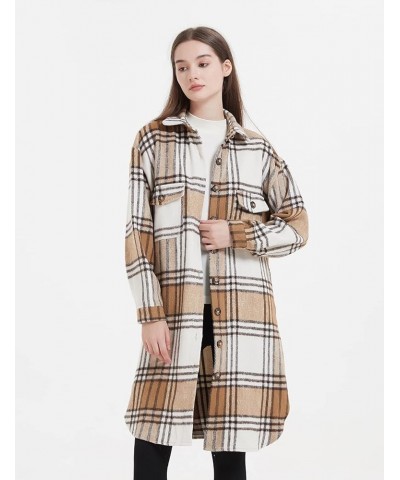 Women's Plaid Shacket Casual Flannel Shirt Jacket Loose Lapel Wool Blend Coat Oversized Z01 Khaki $21.07 Coats