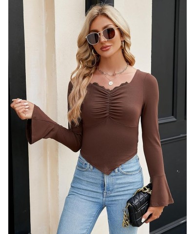 Women's Sexy Lace Y2K Going Out Tops Bell Long Sleeves Sweetheart Neck Slim Fit Shirt Spring Summer Corset Crop Tops Brown $1...