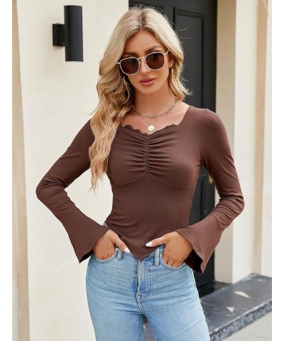 Women's Sexy Lace Y2K Going Out Tops Bell Long Sleeves Sweetheart Neck Slim Fit Shirt Spring Summer Corset Crop Tops Brown $1...