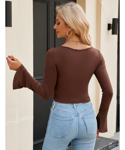 Women's Sexy Lace Y2K Going Out Tops Bell Long Sleeves Sweetheart Neck Slim Fit Shirt Spring Summer Corset Crop Tops Brown $1...