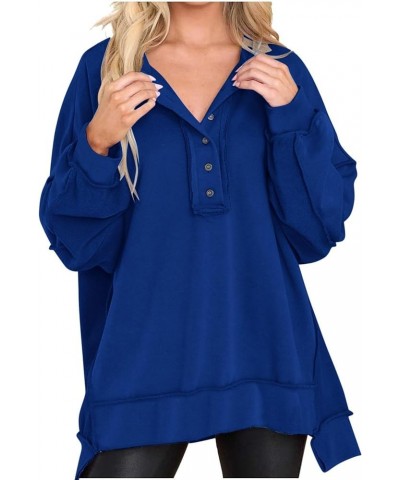 Womens Oversized Long Sleeve Sweatshirts Corded Button Henley Neck Pullover Tunic Top Loose Fit Drop Shoulder Outfits D-blue ...