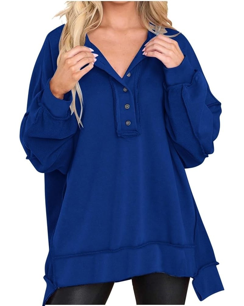 Womens Oversized Long Sleeve Sweatshirts Corded Button Henley Neck Pullover Tunic Top Loose Fit Drop Shoulder Outfits D-blue ...