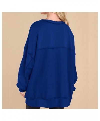 Womens Oversized Long Sleeve Sweatshirts Corded Button Henley Neck Pullover Tunic Top Loose Fit Drop Shoulder Outfits D-blue ...