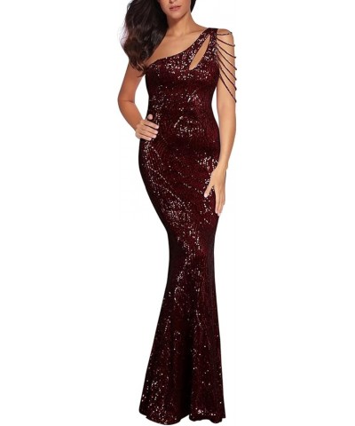 Women One Shoulder 1920s Plus Size Formal Dress Tassels Sleeve Sequins Gatsby Maxi Evening Gown A-wine $47.94 Dresses