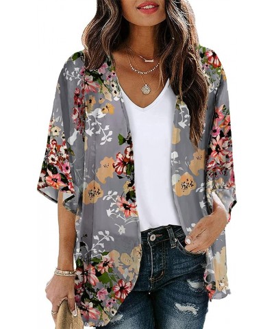 Women's Short Sleeve Floral Kimono Cardigan Chiffon Loose Beach Wear Cover Up Tops 1-grey $12.75 Swimsuits