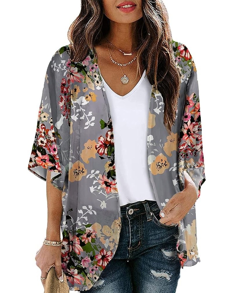 Women's Short Sleeve Floral Kimono Cardigan Chiffon Loose Beach Wear Cover Up Tops 1-grey $12.75 Swimsuits