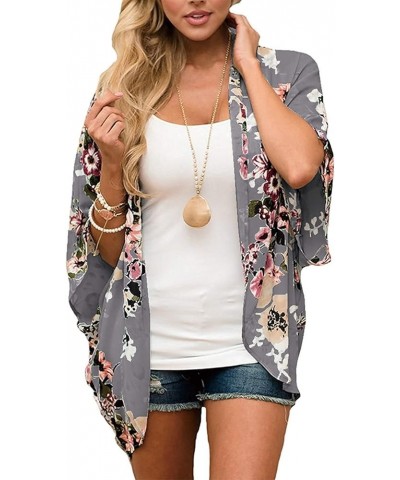 Women's Short Sleeve Floral Kimono Cardigan Chiffon Loose Beach Wear Cover Up Tops 1-grey $12.75 Swimsuits