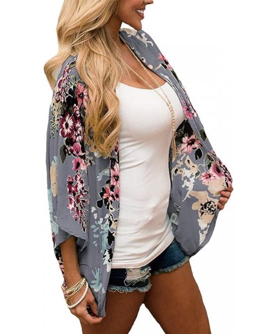 Women's Short Sleeve Floral Kimono Cardigan Chiffon Loose Beach Wear Cover Up Tops 1-grey $12.75 Swimsuits