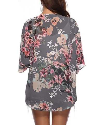 Women's Short Sleeve Floral Kimono Cardigan Chiffon Loose Beach Wear Cover Up Tops 1-grey $12.75 Swimsuits