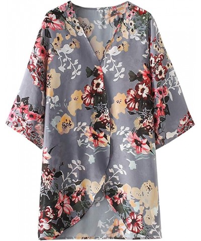 Women's Short Sleeve Floral Kimono Cardigan Chiffon Loose Beach Wear Cover Up Tops 1-grey $12.75 Swimsuits