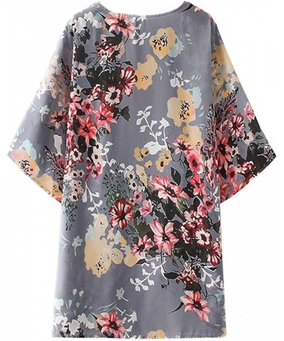 Women's Short Sleeve Floral Kimono Cardigan Chiffon Loose Beach Wear Cover Up Tops 1-grey $12.75 Swimsuits