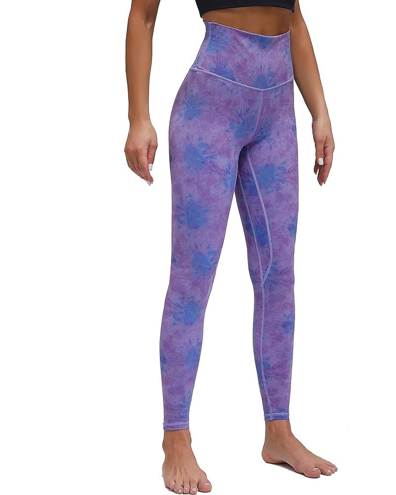 Women's High Rise Leggings Full-Length Yoga Pants with Tummy Control Seamless Waistband Tie Dye Purple Print $17.39 Leggings