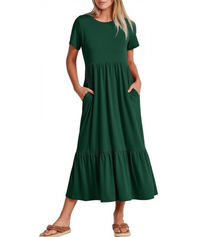 Women's Summer Casual Short Sleeve Crewneck Swing Dress Flowy Tiered Maxi Beach Dress with Pockets Deep Green $15.58 Dresses