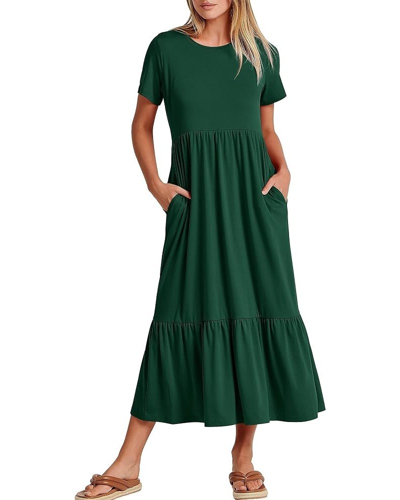 Women's Summer Casual Short Sleeve Crewneck Swing Dress Flowy Tiered Maxi Beach Dress with Pockets Deep Green $15.58 Dresses