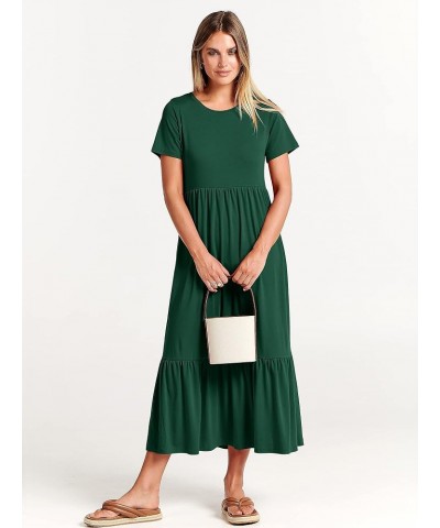 Women's Summer Casual Short Sleeve Crewneck Swing Dress Flowy Tiered Maxi Beach Dress with Pockets Deep Green $15.58 Dresses