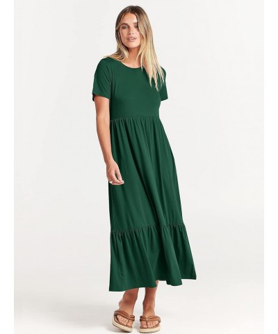 Women's Summer Casual Short Sleeve Crewneck Swing Dress Flowy Tiered Maxi Beach Dress with Pockets Deep Green $15.58 Dresses