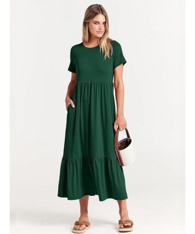 Women's Summer Casual Short Sleeve Crewneck Swing Dress Flowy Tiered Maxi Beach Dress with Pockets Deep Green $15.58 Dresses