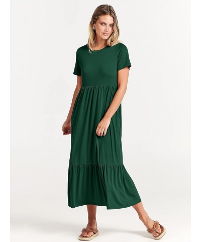 Women's Summer Casual Short Sleeve Crewneck Swing Dress Flowy Tiered Maxi Beach Dress with Pockets Deep Green $15.58 Dresses