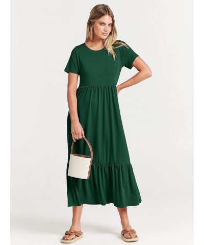 Women's Summer Casual Short Sleeve Crewneck Swing Dress Flowy Tiered Maxi Beach Dress with Pockets Deep Green $15.58 Dresses