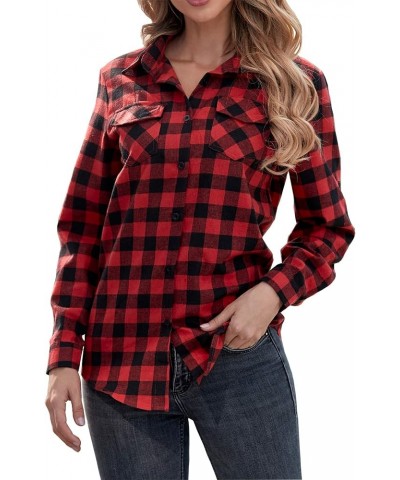 Womens Casual Cuffed Long Sleeve Boyfriend Button Down Plaid Flannel Shirt Tops Red $14.35 Blouses