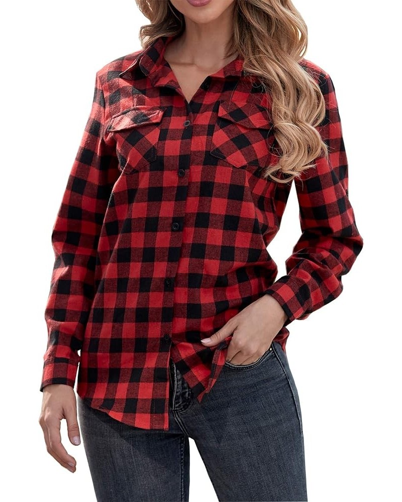 Womens Casual Cuffed Long Sleeve Boyfriend Button Down Plaid Flannel Shirt Tops Red $14.35 Blouses